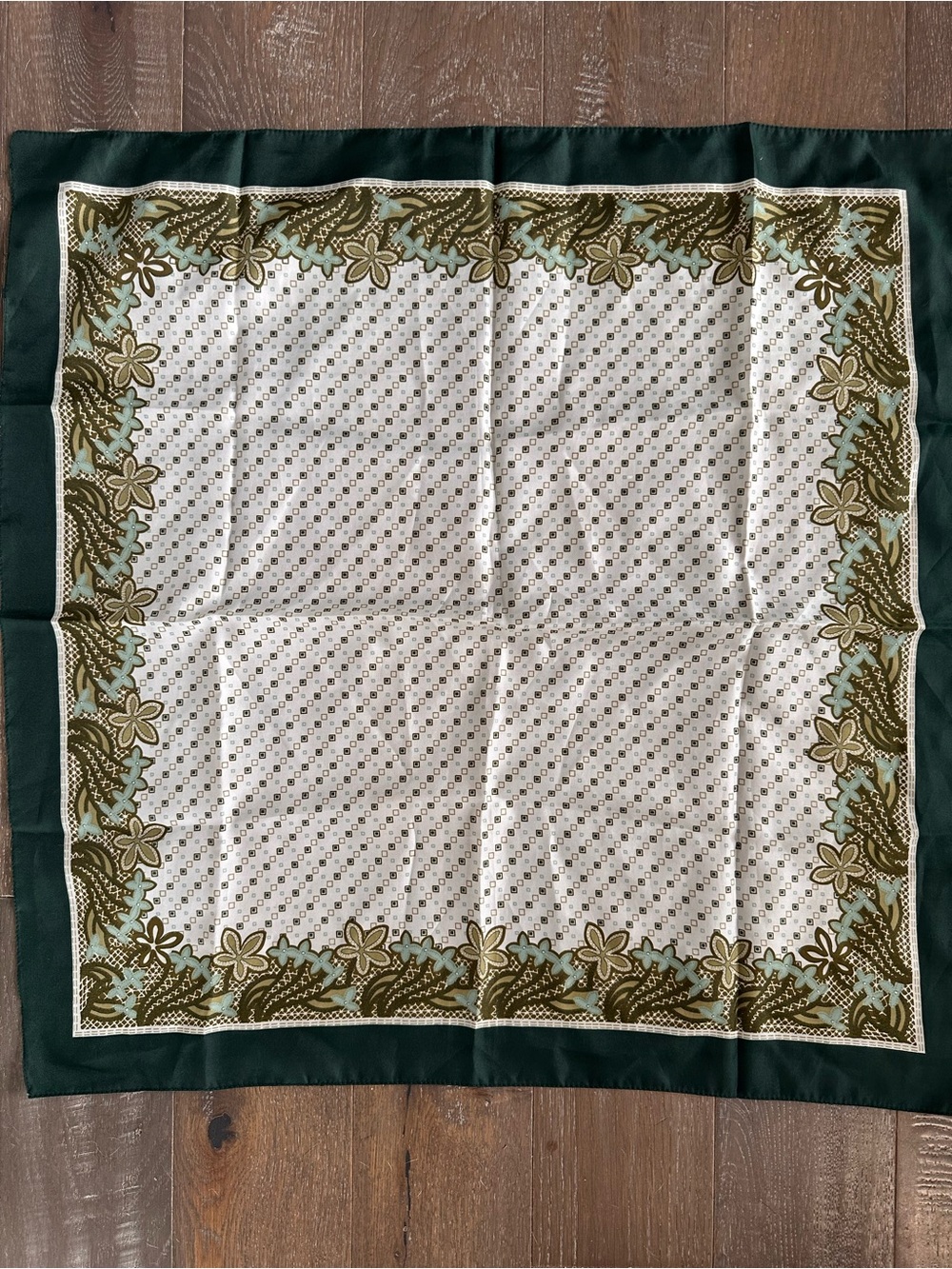 VINTAGE SILK SQUARE SCARF GREEN POLKA DOT FLORAL 27”